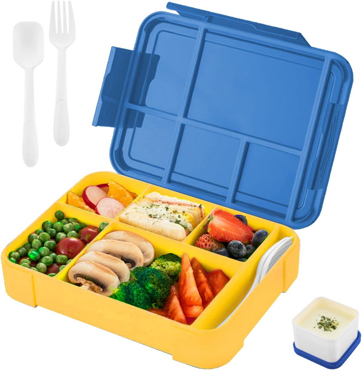 6-vakjes lunchbox 1350 ml - lekvrij met bestek - magnetron- en vaatwasmachinebestendig - blauw-geel