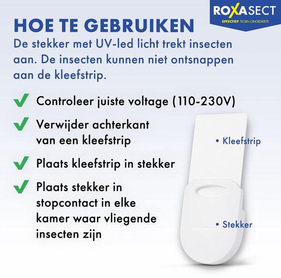 Roxasect UV Stekker tegen muggen en vliegende insecten - 100% natuurlijk - zonder insecticide - kind- en diervriendelijk - 1 stekker incl 2 plakstrips