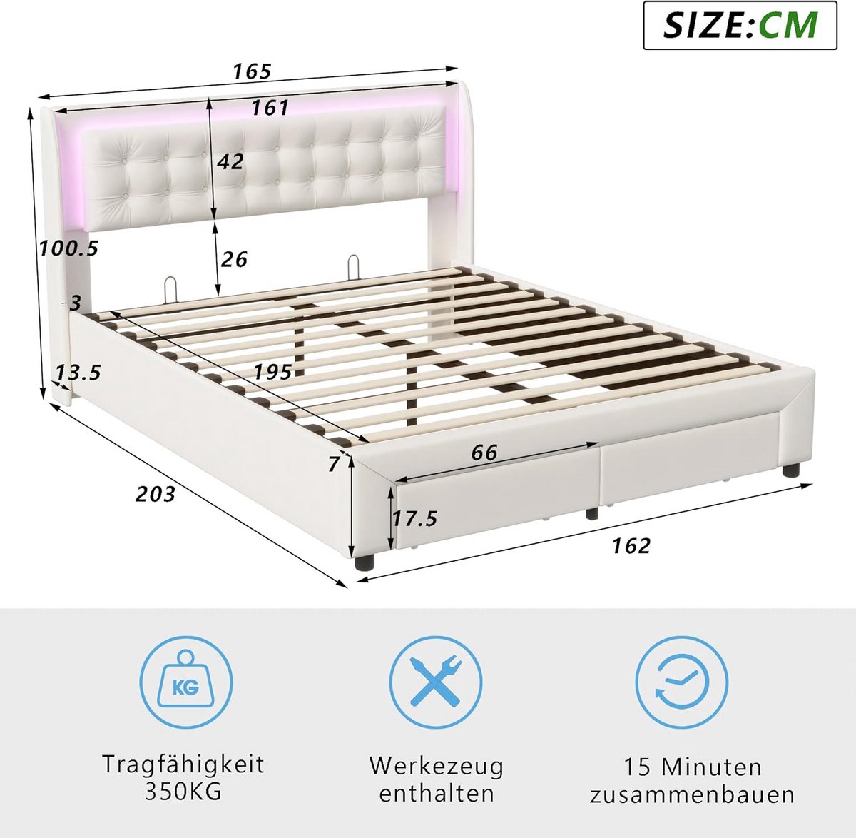 Boxspring Bed 180x200 met Opbergruimte, Lattenbodem en LED Verlichting - Beige Fluweel thumbnail 7