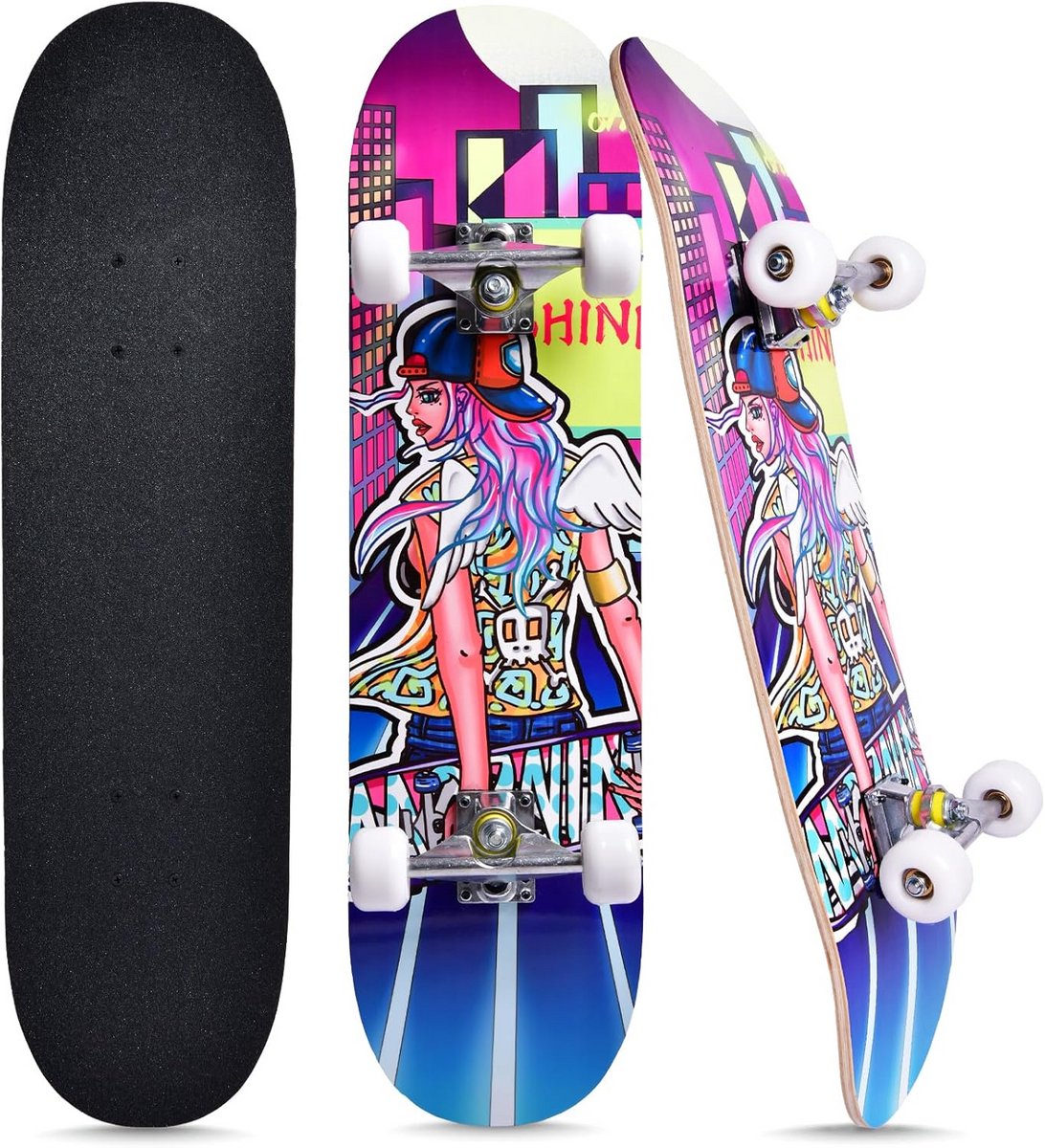 Compleet Skateboard voor Beginners en Gevorderden - 7 Lagen Esdoorn, Dubbele Concave, 90x20cm
