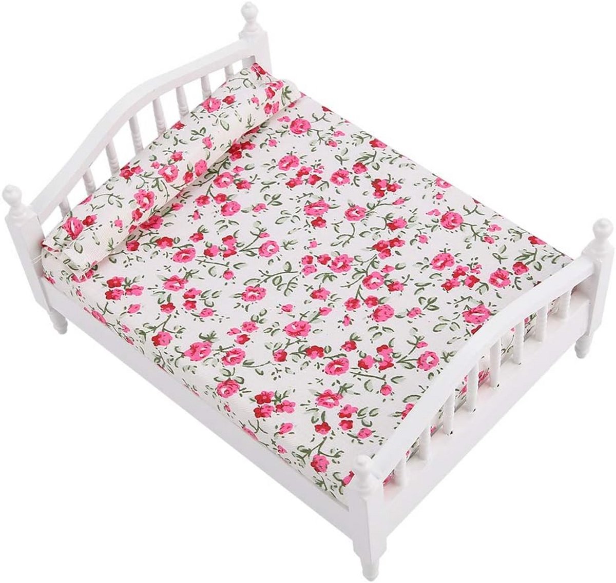 Tweepersoons Poppenhuisbed Schaal 1:12 met Bloemmotief – Miniatuur Meubel voor Poppenhuis