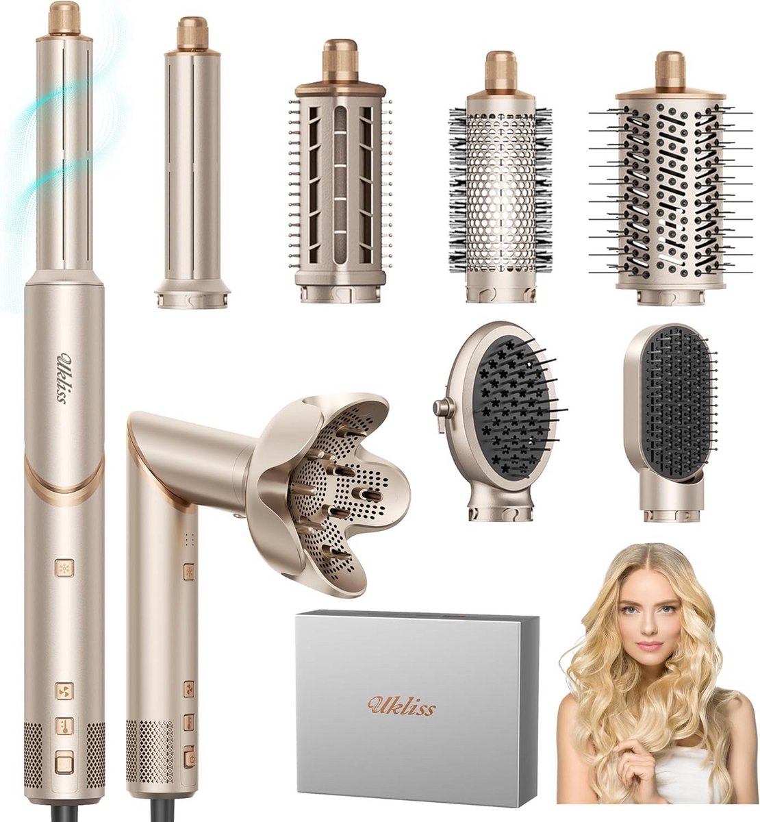 Föhnbörstel Set met 8 Accessoires - Ionische Luchtstyler voor Droog en Styling