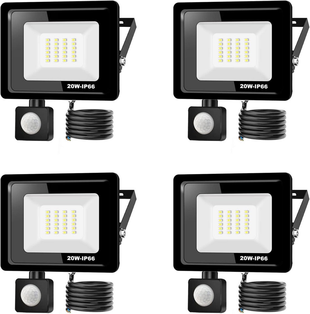 Set van 4 LED Buitenlamp met Bewegingssensor - 20W Koel Wit Licht - IP66 Waterdicht