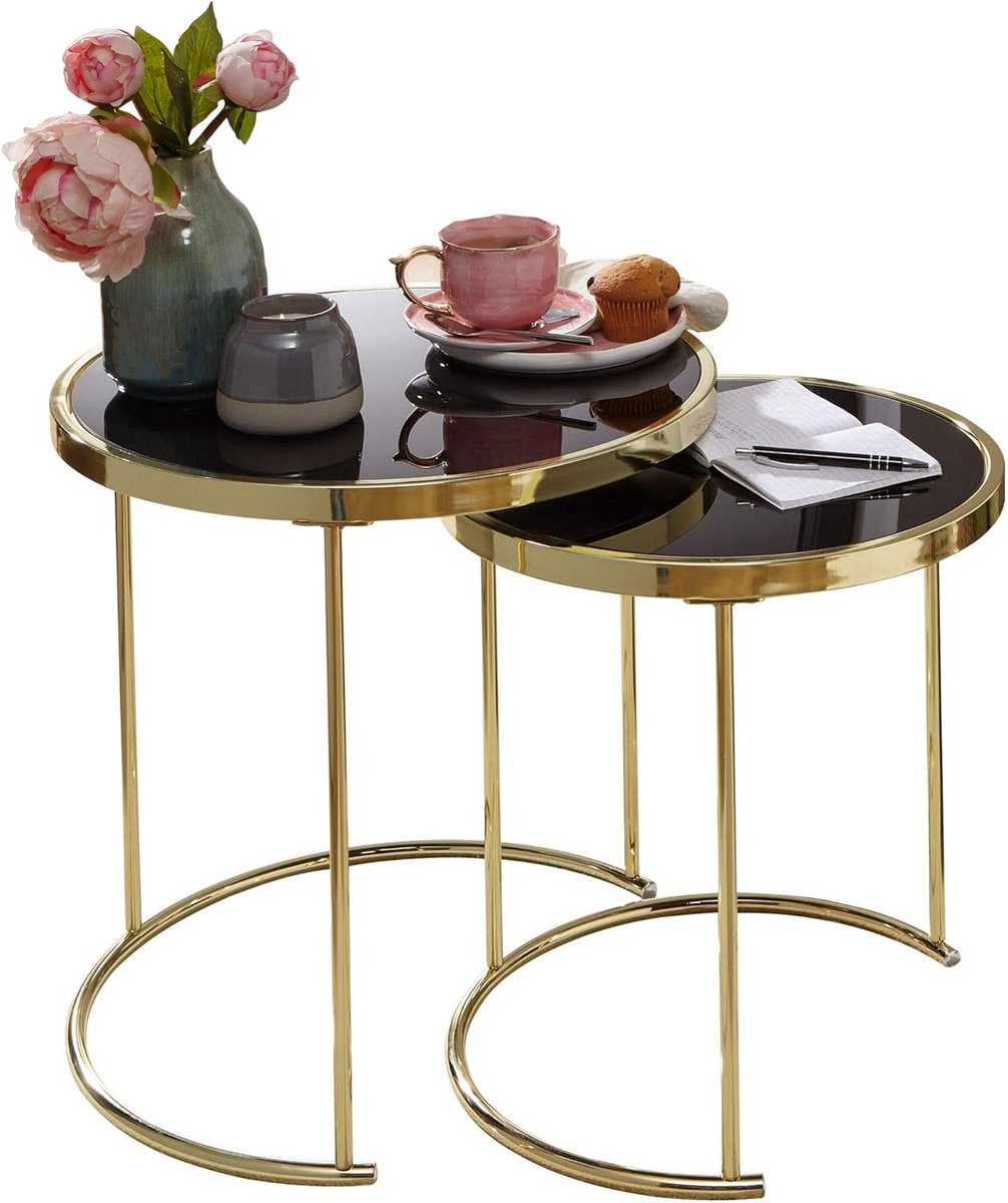 Set van 2 Bijzettafeltjes – Zwart Glas met Gouden Metalen Frame, Modern & Stijlvol, Ideaal