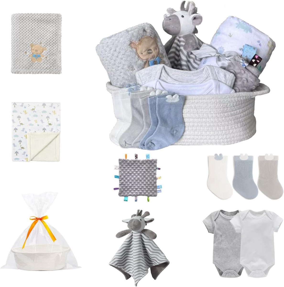 Geschenkset baby meisje jongen, luiertas met 2 dekens, taggie, lovey, 3 sokken, 2 body's, 1 geschenkzak met lint, essentieel voor babyborrel pasgeborenen