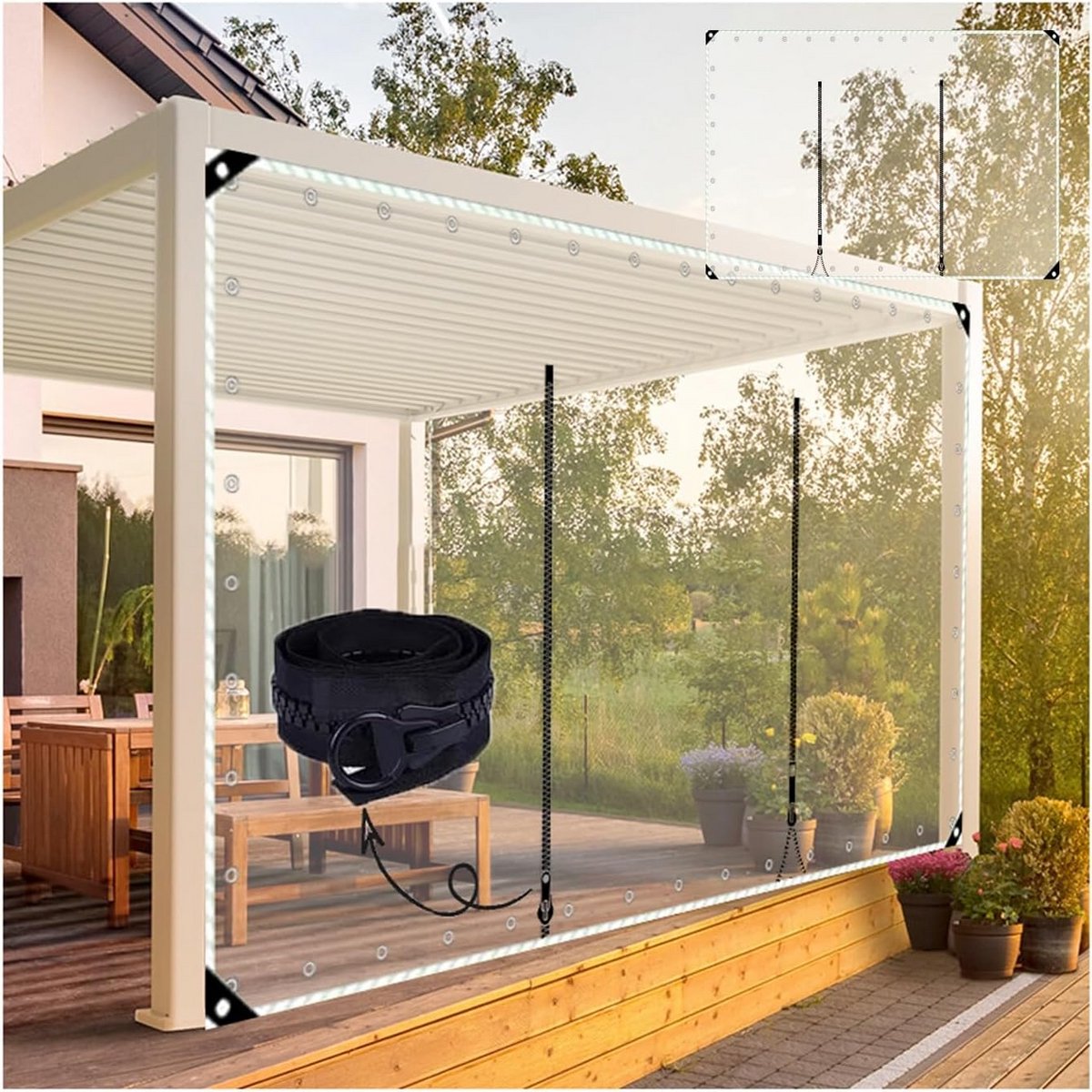 Waterdicht Doorzichtig Buitengordijn met Rits en Oogjes voor Pergola en Tuin