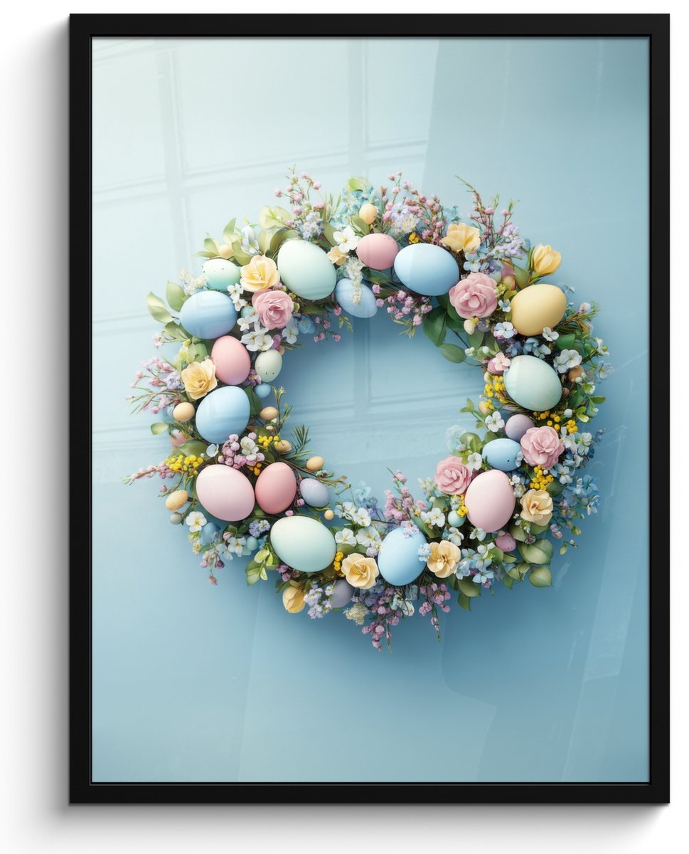 FrameYourWall Poster in lijst - Fotolijst 50x70 cm - Posters - Krans - Eieren - Bloemen - Posterlijst zwart - Decoratie - Wanddecoratie woonkamer - Muurdecoratie slaapkamer Paaskrans