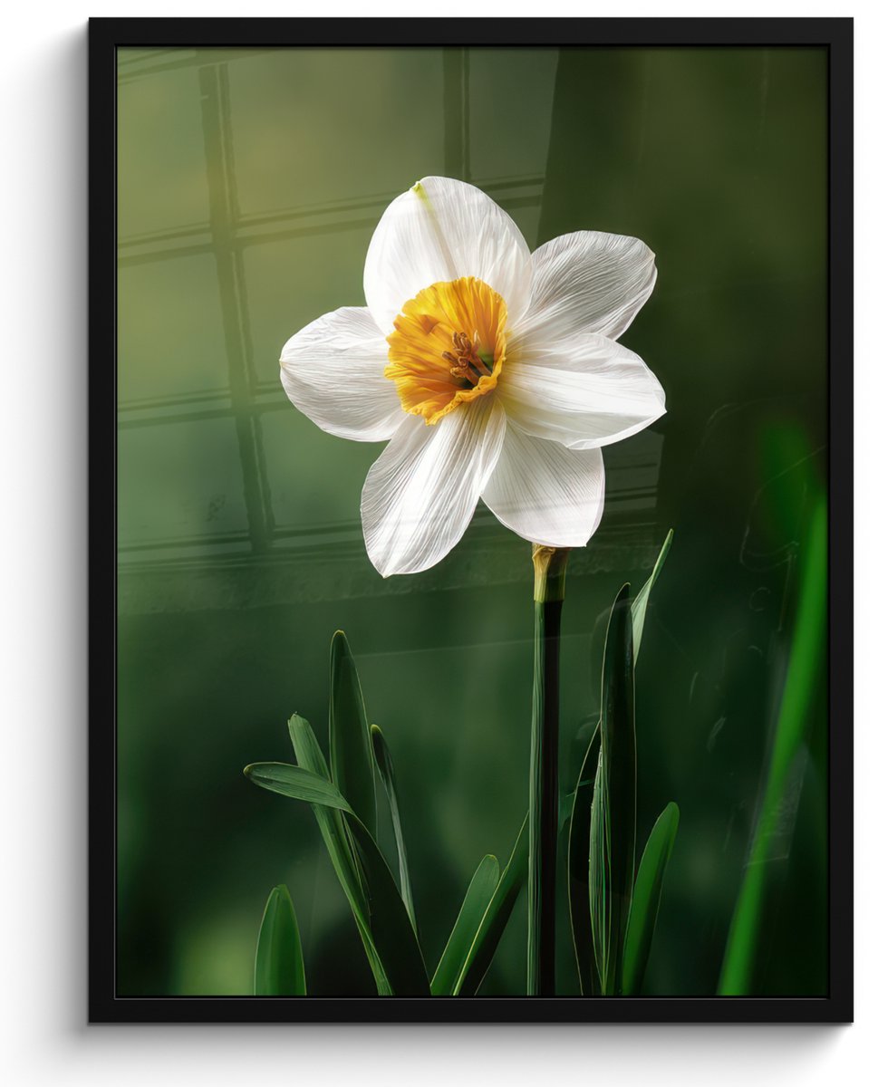 FrameYourWall Poster in lijst - Fotolijst 50x70 cm - Posters - Narcis - Bloem - Wit - Grassprieten - Posterlijst zwart - Decoratie - Wanddecoratie woonkamer - Muurdecoratie slaapkamer