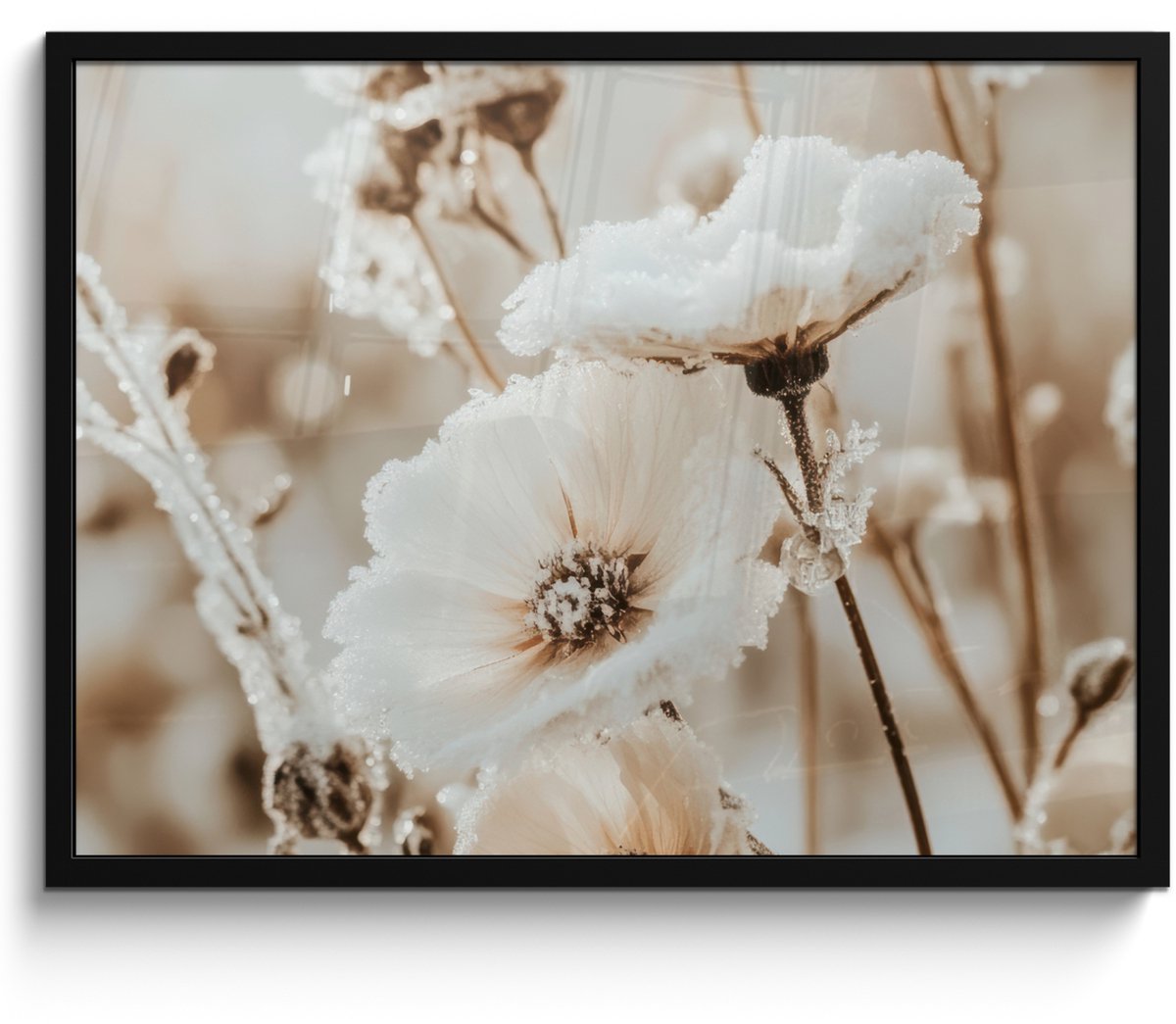 FrameYourWall Poster in lijst - Fotolijst 70x50 cm - Posters - Bloemen - Winter - Wit - Sneeuw - Beige - Posterlijst zwart - Decoratie - Wanddecoratie woonkamer - Muurdecoratie slaapkamer