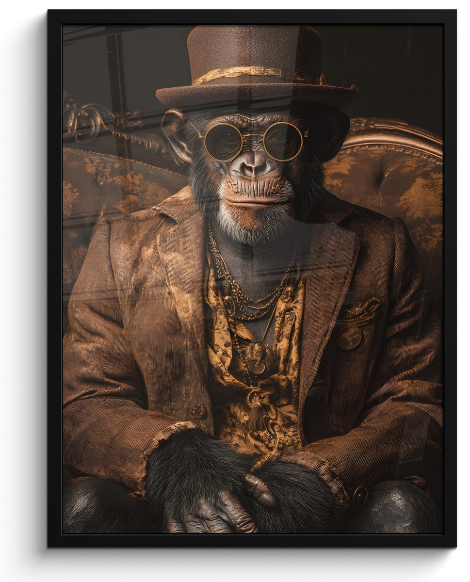 FrameYourWall Poster in lijst - Fotolijst 50x70 cm - Posters - Chimpansee - Stoel - Pak - Bruin - Posterlijst zwart - Decoratie - Wanddecoratie woonkamer - Muurdecoratie slaapkamer Chimpansee - Hoed