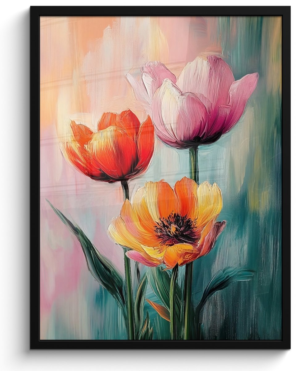 FrameYourWall Poster in lijst - Fotolijst 50x70 cm - Posters - Dromerig - Bloemen - Verfijnde details - Posterlijst zwart - Decoratie - Wanddecoratie woonkamer - Muurdecoratie slaapkamer Bloemen - Kleurrijk