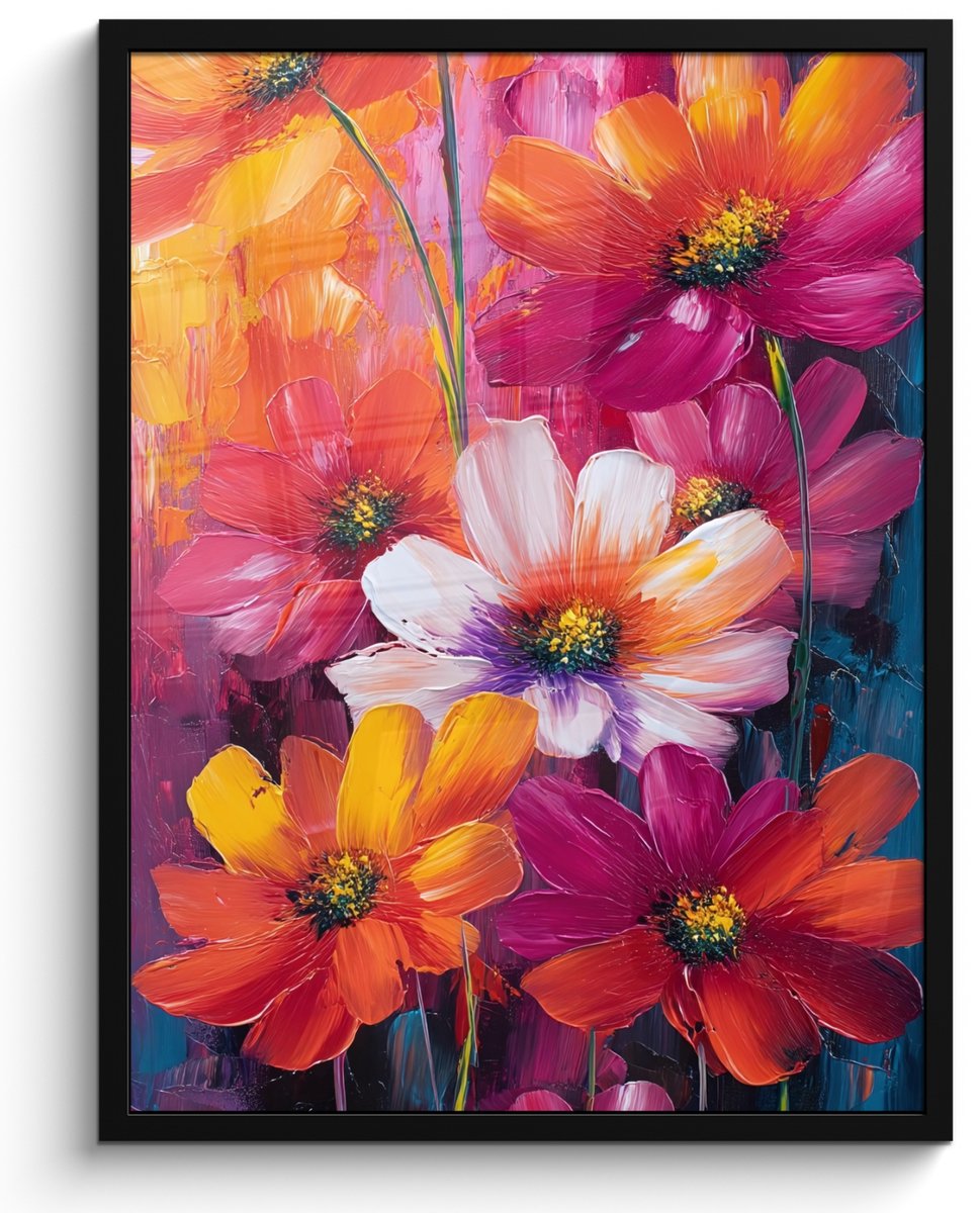 FrameYourWall Poster in lijst - Fotolijst 50x70 cm - Posters - Felle bloemen - Dynamisch - Levendig - Posterlijst zwart - Decoratie - Wanddecoratie woonkamer - Muurdecoratie slaapkamer