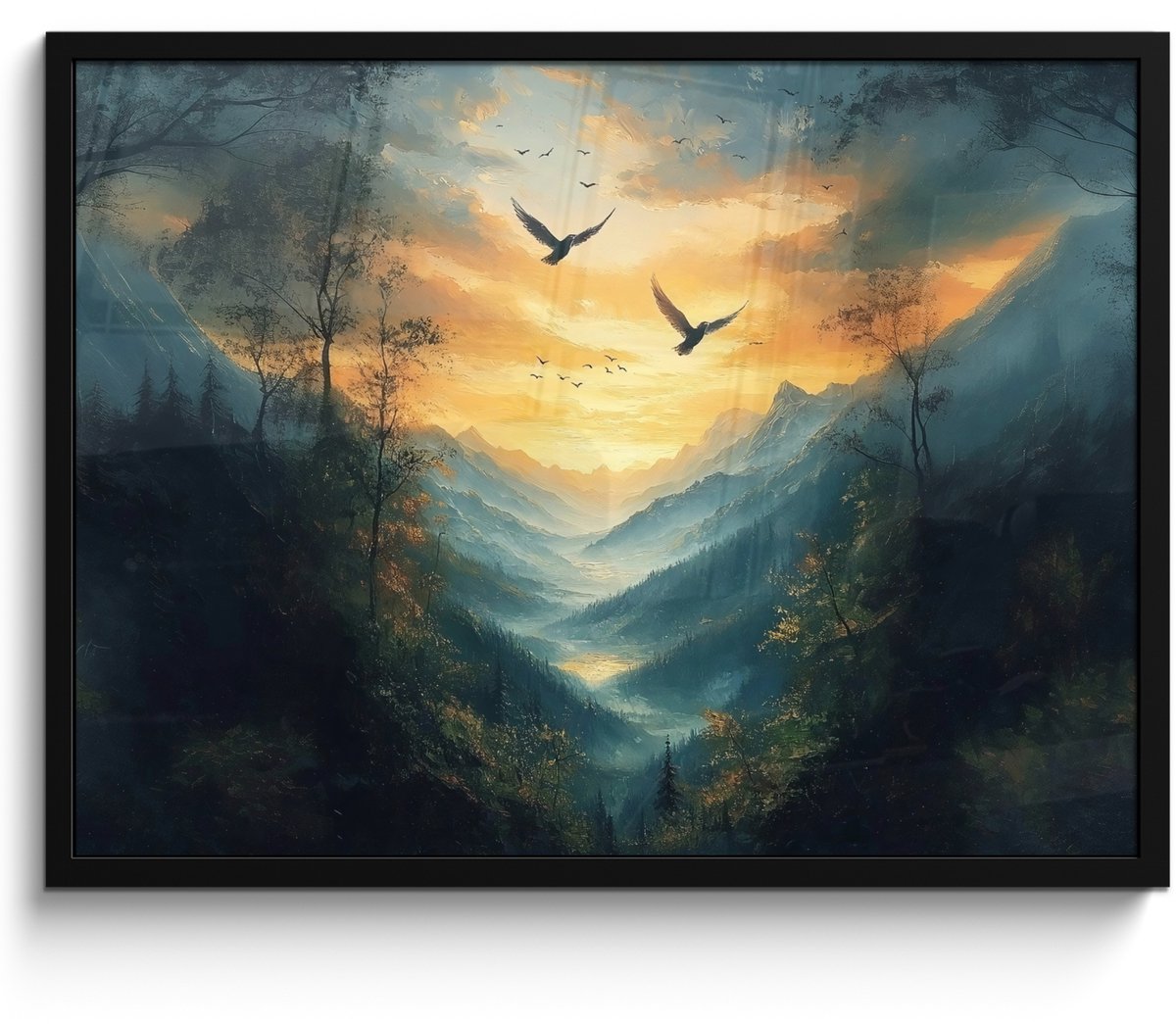FrameYourWall Poster in lijst - Fotolijst 70x50 cm - Posters - Vogels - Zon - Bomen - Groen - Posterlijst zwart - Decoratie - Wanddecoratie woonkamer - Muurdecoratie slaapkamer Vogels - Bergen