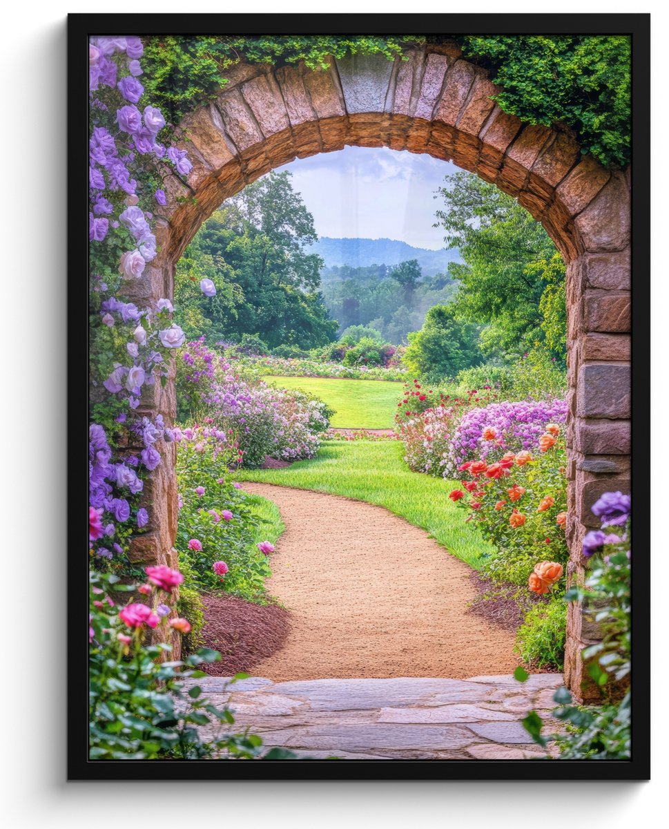 FrameYourWall Poster in lijst - Fotolijst 50x70 cm - Posters - Doorkijk - Poort - Bloemen - Tuin - Posterlijst zwart - Decoratie - Wanddecoratie woonkamer - Muurdecoratie slaapkamer