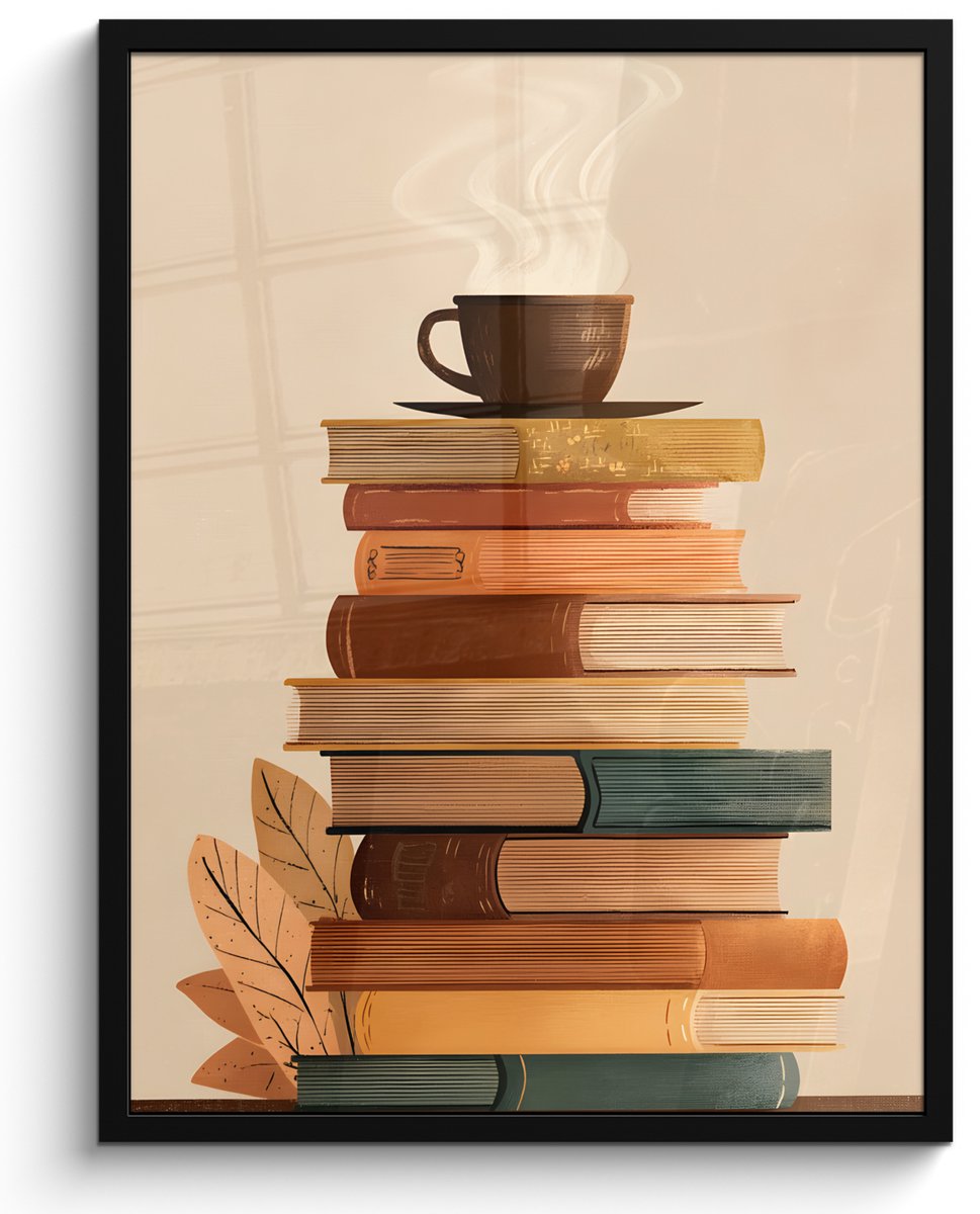 FrameYourWall Poster in lijst - Fotolijst 50x70 cm - Posters - Boeken - Toren - Koffie - Beige - Posterlijst zwart - Decoratie - Wanddecoratie woonkamer - Muurdecoratie slaapkamer Stapel - Boeken - Koffie