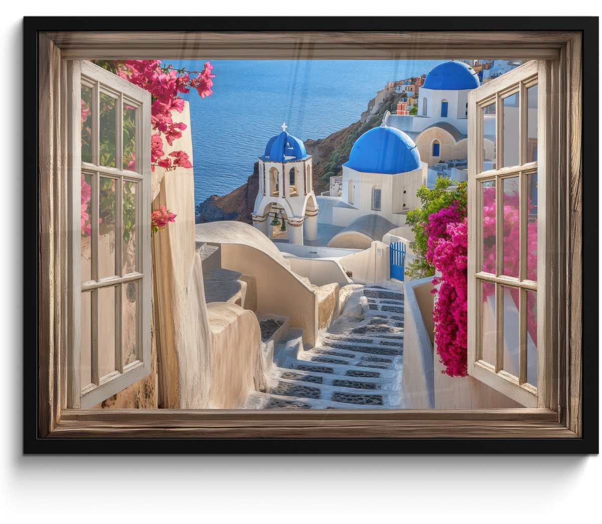 FrameYourWall Poster in lijst - Fotolijst 70x50 cm - Posters - Doorkijk - Santorini - Landschap - Blauw - Grieks - Posterlijst zwart - Decoratie - Wanddecoratie woonkamer - Muurdecoratie slaapkamer