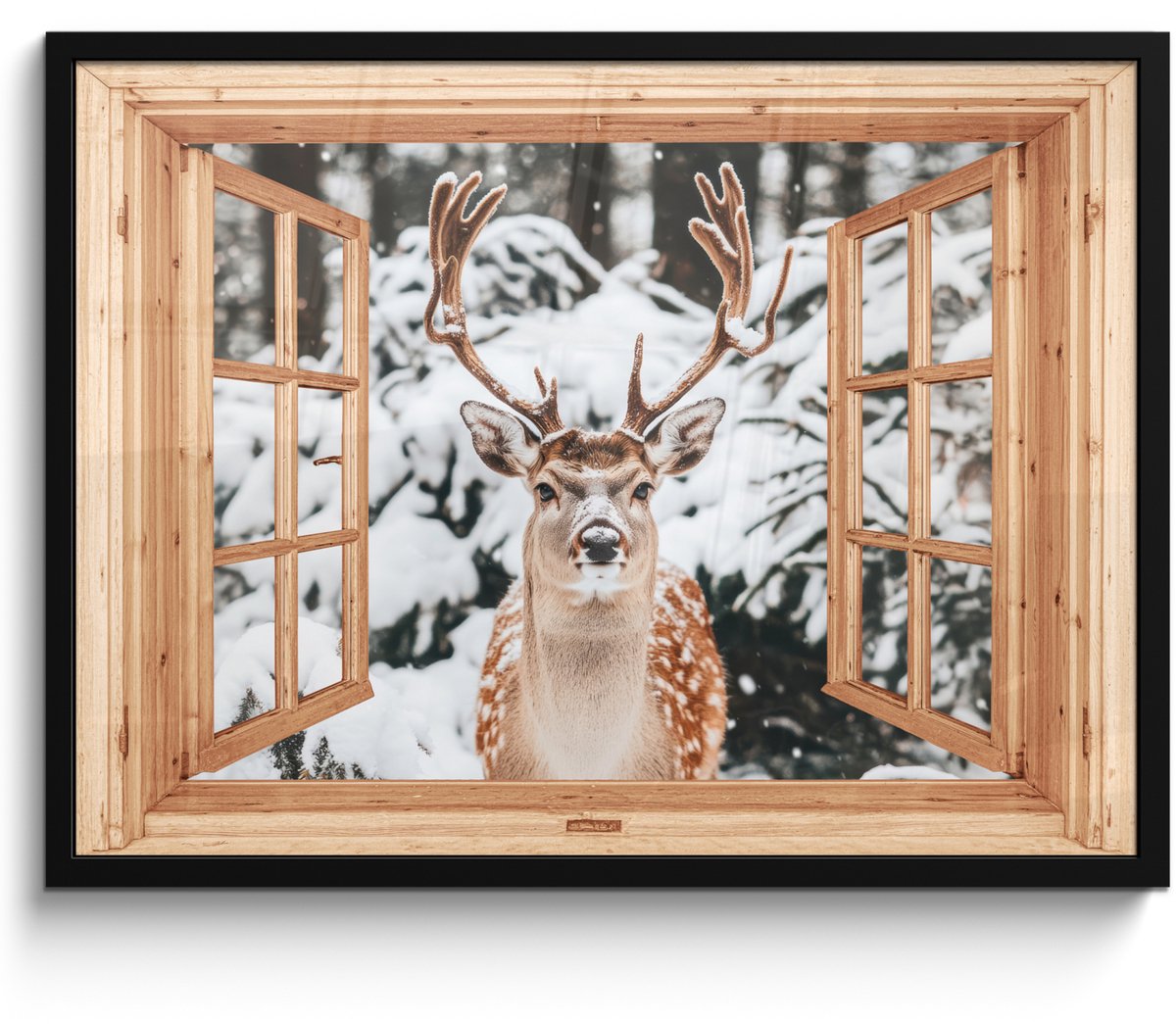 FrameYourWall Poster in lijst - Fotolijst 70x50 cm - Posters - Doorkijk - Hert - Sneeuw - Winter - Bos - Dieren - Posterlijst zwart - Decoratie - Wanddecoratie woonkamer - Muurdecoratie slaapkamer