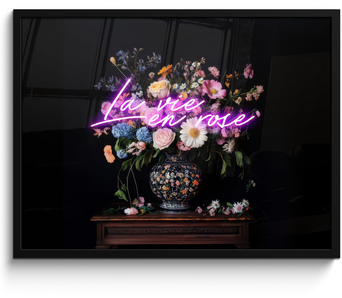 FrameYourWall Poster in lijst - Fotolijst 70x50 cm - Posters - Neon - Vaas - Bloemen - Posterlijst zwart - Decoratie - Wanddecoratie woonkamer - Muurdecoratie slaapkamer Multicolor