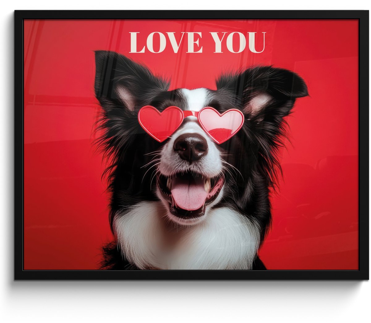 FrameYourWall Poster in lijst - Fotolijst 70x50 cm - Posters - Hond - Hartjesbril - Loveyou - Rood - Posterlijst zwart - Decoratie - Wanddecoratie woonkamer - Muurdecoratie slaapkamer Hond - Love you