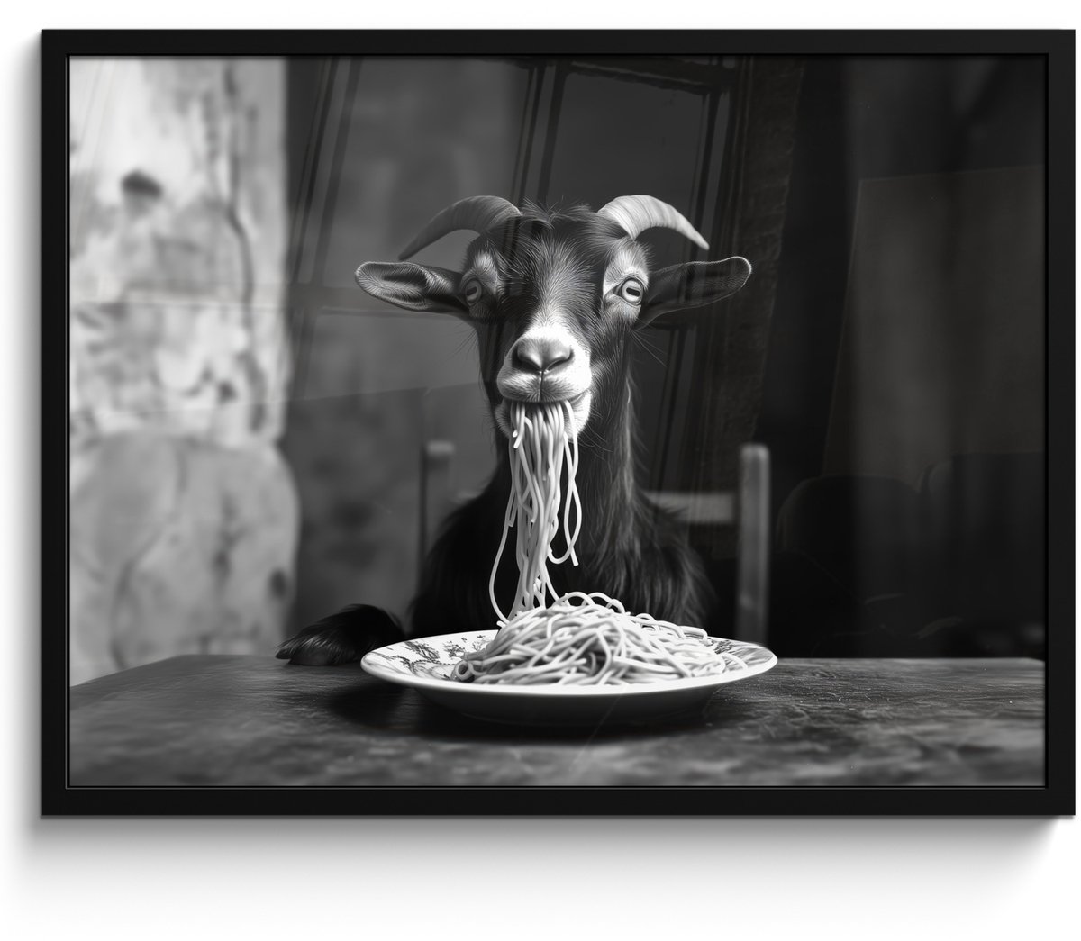 FrameYourWall Fotolijst incl. Poster Zwart Wit- Geit - Bord - Spaghetti - Zwart Wit - 70x50 cm - Posterlijst