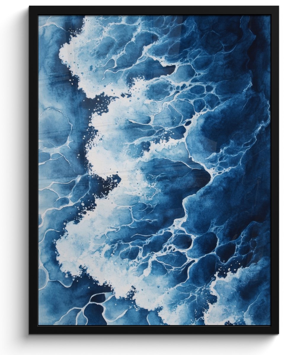 FrameYourWall Poster in lijst - Fotolijst 50x70 cm - Posters - Golven - Blauw - Schuim - Posterlijst zwart - Decoratie - Wanddecoratie woonkamer - Muurdecoratie slaapkamer Zee Golven