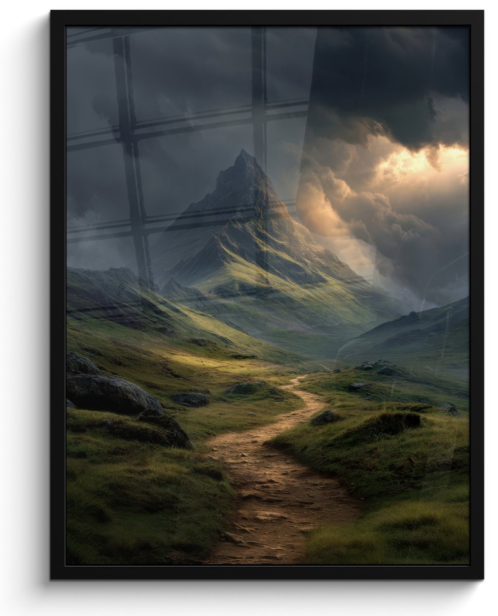 FrameYourWall Poster in lijst - Fotolijst 50x70 cm - Posters - Bergen - Kronkelpad - Groen - Wolken - Posterlijst zwart - Decoratie - Wanddecoratie woonkamer - Muurdecoratie slaapkamer Bergen - Pad - Wolken