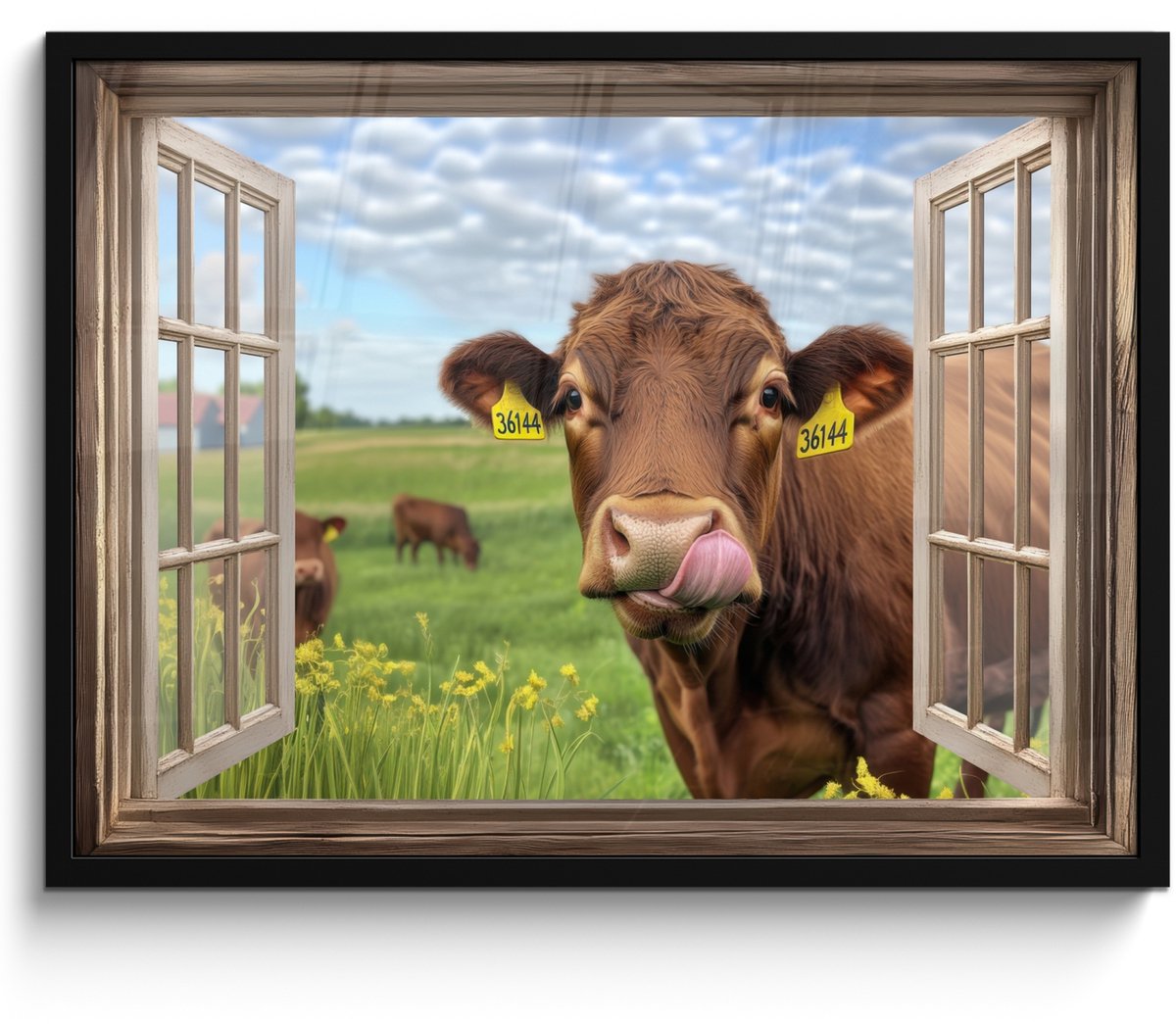 FrameYourWall Poster in lijst - Fotolijst 70x50 cm - Posters - Doorkijk - Koe - Weiland - Landschap - Dieren - Posterlijst zwart - Decoratie - Wanddecoratie woonkamer - Muurdecoratie slaapkamer Koe - Landschap
