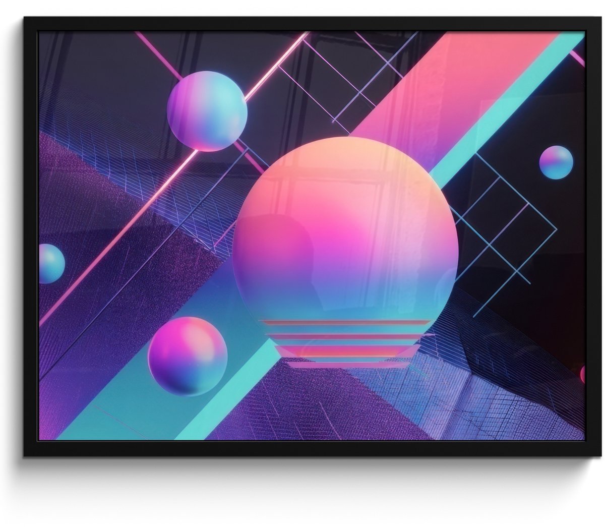 FrameYourWall Poster in lijst - Fotolijst 70x50 cm - Posters - Cirkels - Vlakken - Abstract - Blauw - Posterlijst zwart - Decoratie - Wanddecoratie woonkamer - Muurdecoratie slaapkamer Cirkels - Neon