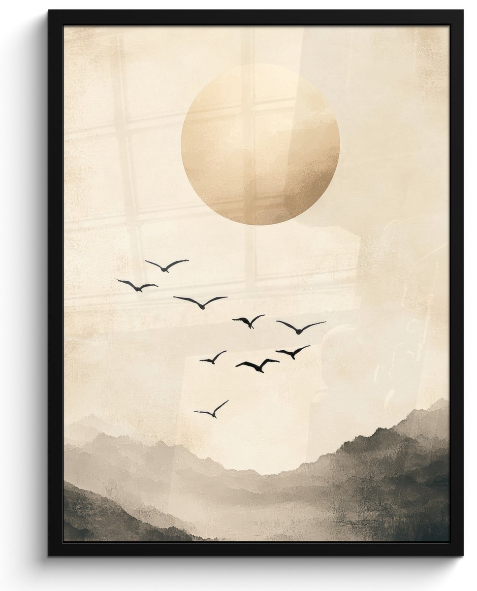 FrameYourWall Poster in lijst - Fotolijst 50x70 cm - Posters - Landschap - Japandi - vogel - Posterlijst zwart - Decoratie - Wanddecoratie woonkamer - Muurdecoratie slaapkamer