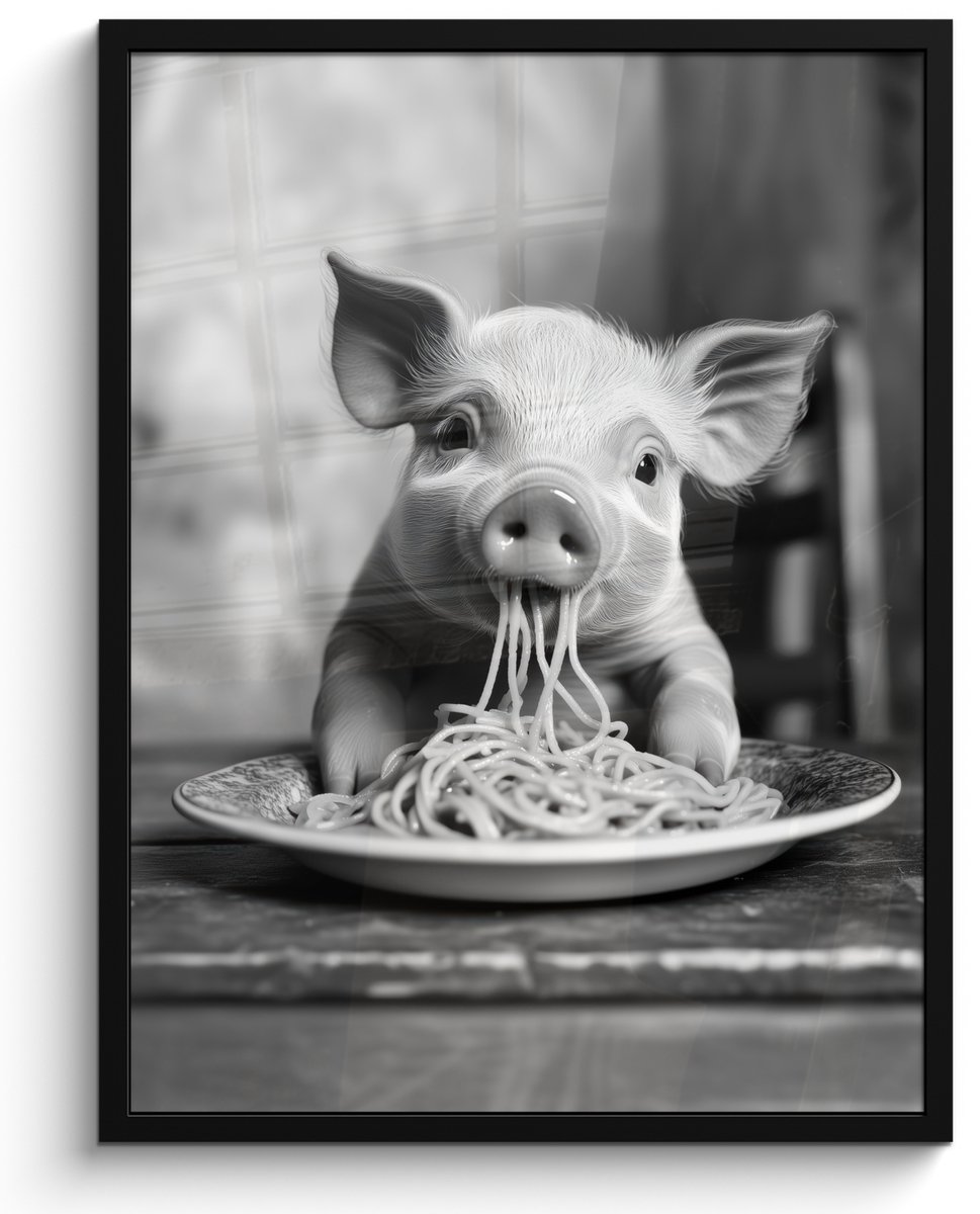 FrameYourWall Fotolijst incl. Poster Zwart Wit- Varken - Schattig - Spaghetti - Zwart wit - Dier - 50x70 cm - Posterlijst