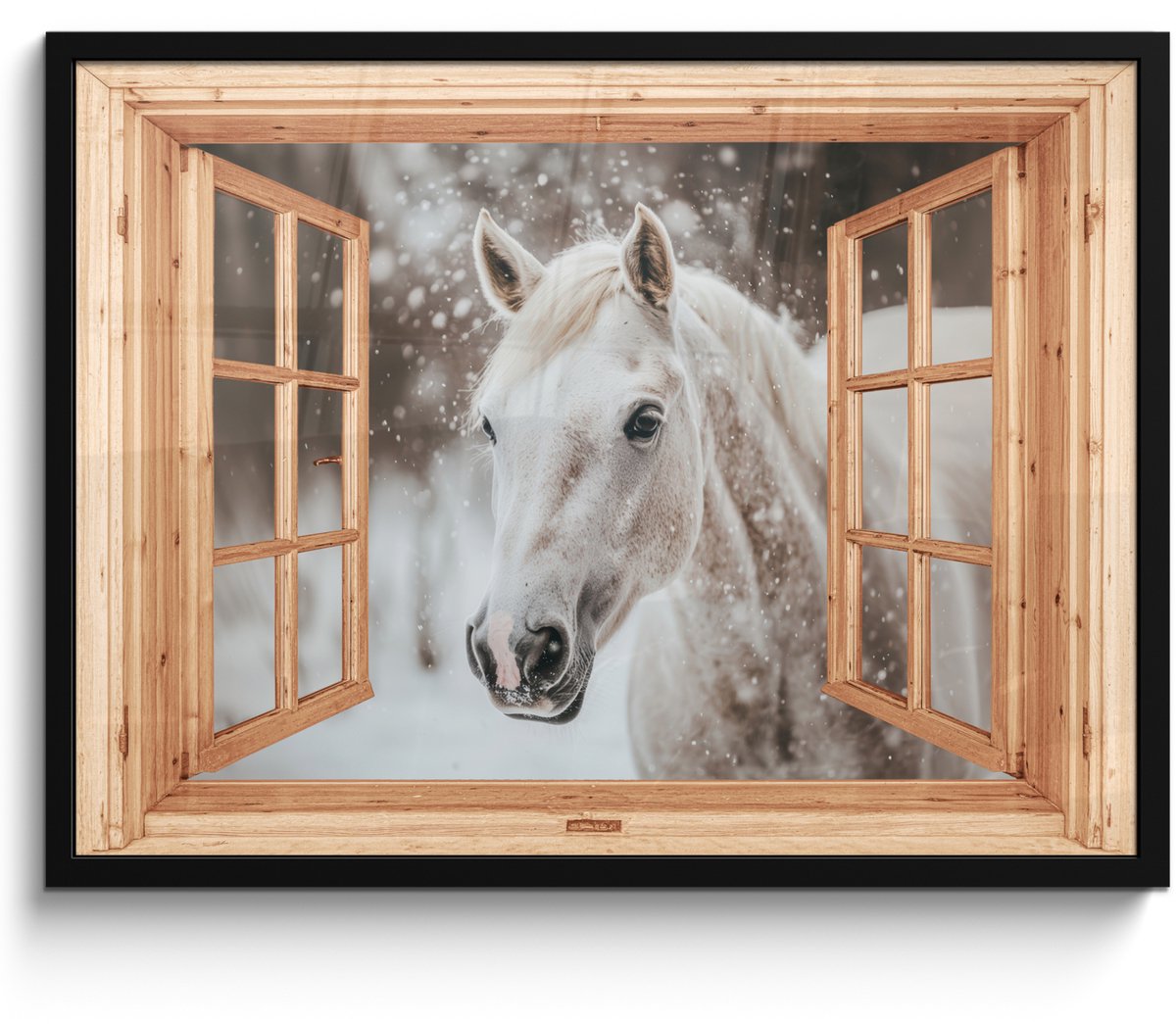 FrameYourWall Poster in lijst - Fotolijst 70x50 cm - Posters - Doorkijk - Paard - Wit - Winter - Sneeuw - Dieren - Posterlijst zwart - Decoratie - Wanddecoratie woonkamer - Muurdecoratie slaapkamer