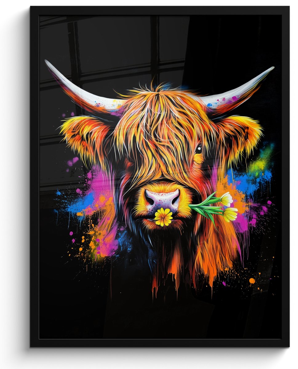 FrameYourWall Poster in lijst - Fotolijst 50x70 cm - Posters - Schotse Hooglander - Graffiti - Kleurrijk - Bloem - Dieren - Posterlijst zwart - Decoratie - Wanddecoratie woonkamer - Muurdecoratie slaapkamer Graffiti - Schotse Hooglander