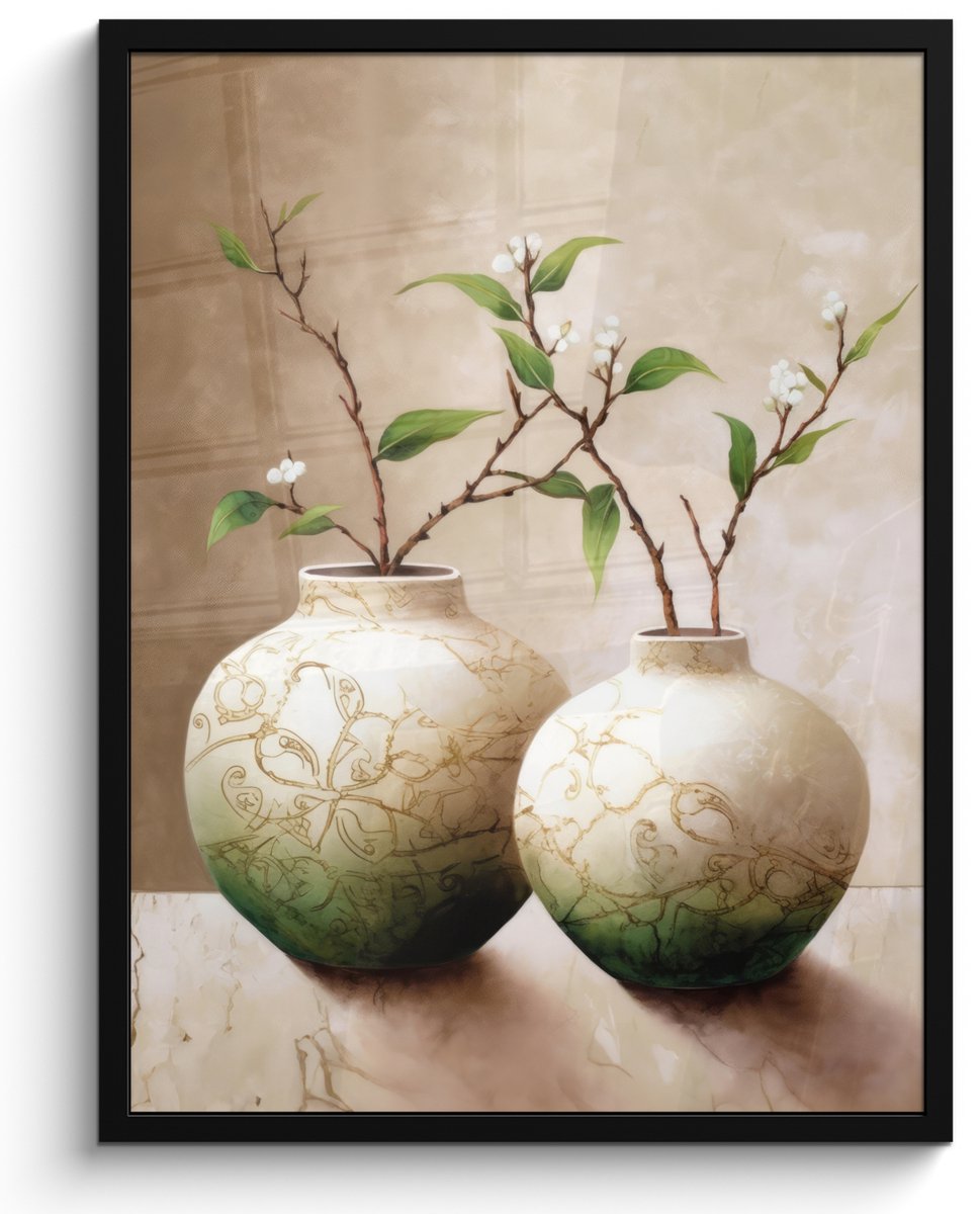 Poster in lijst - Fotolijst 50x70 cm - Posters - Bloemen - Vaas - Wit - Botanisch - Beige