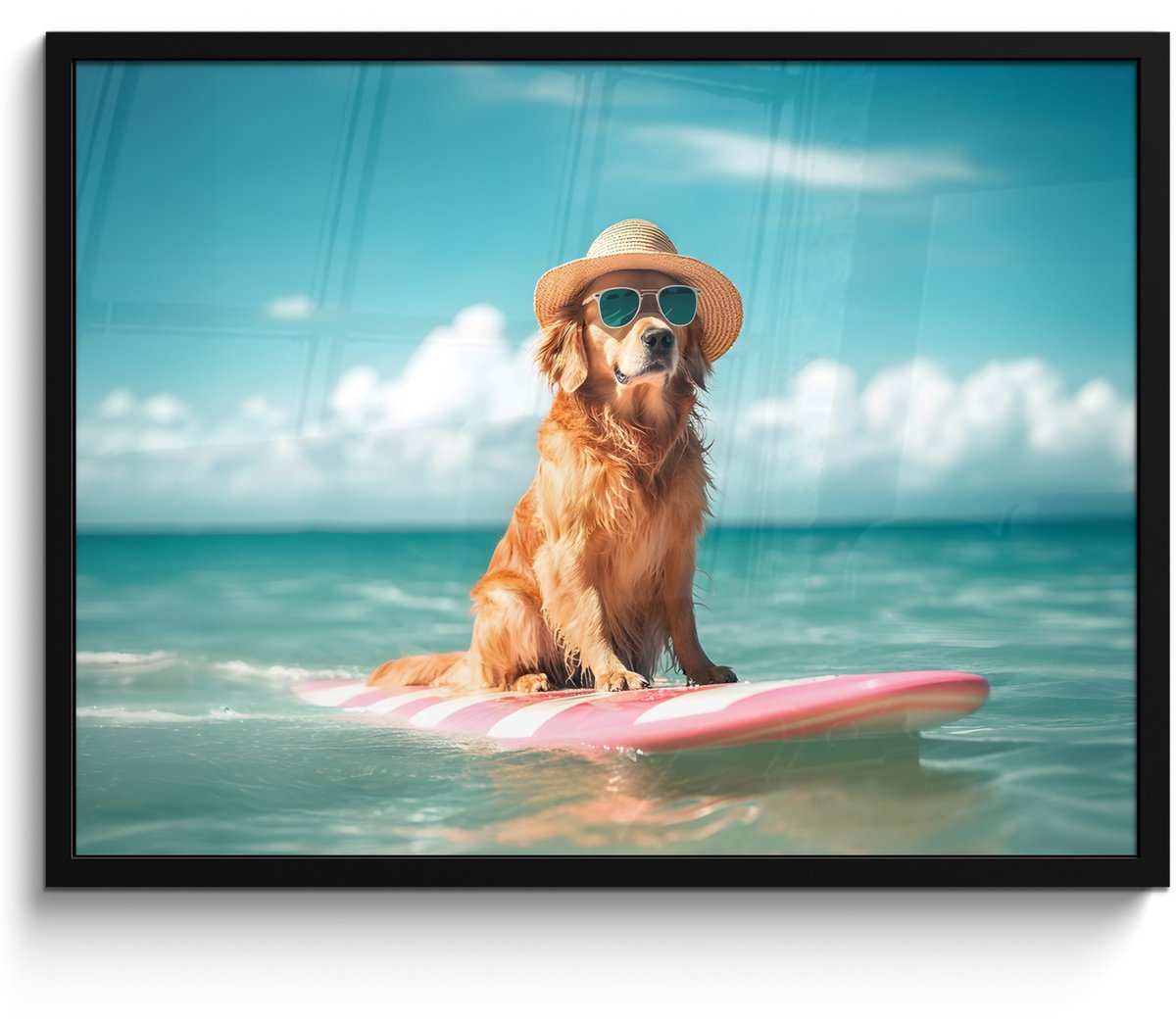 FrameYourWall Poster in lijst - Fotolijst 70x50 cm - Posters - Zeewater - Hond - Golden retriever - Zonnebril - Posterlijst zwart - Decoratie - Wanddecoratie woonkamer - Muurdecoratie slaapkamer Hond - Surfplank