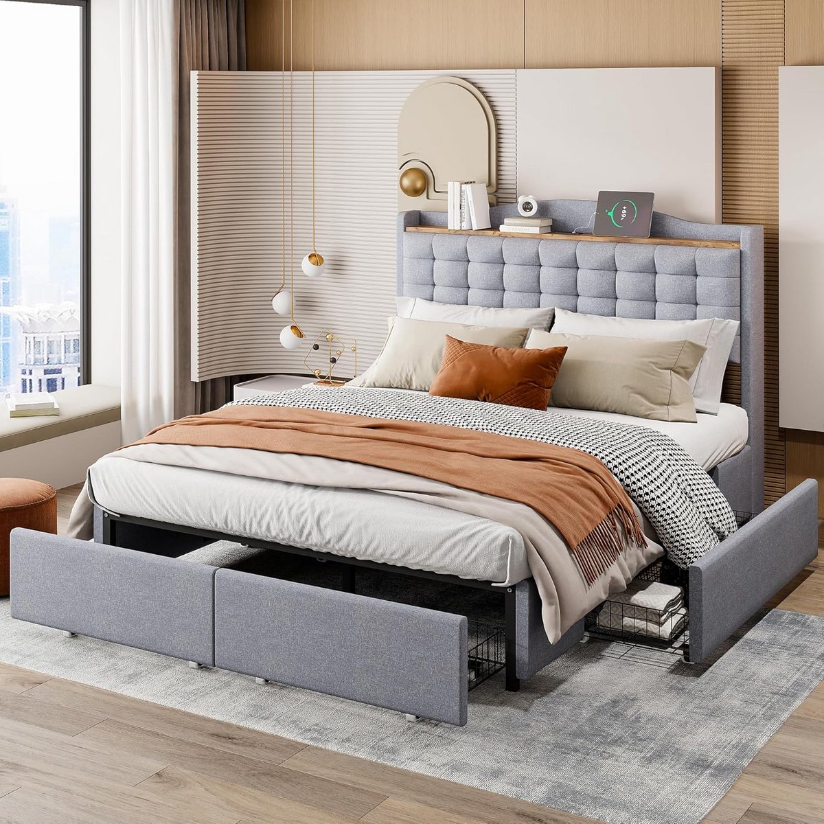 Bed 140 x 200 cm met Opbergruimte, 4 Laden en USB-aansluiting | Inclusief Lattenbodem