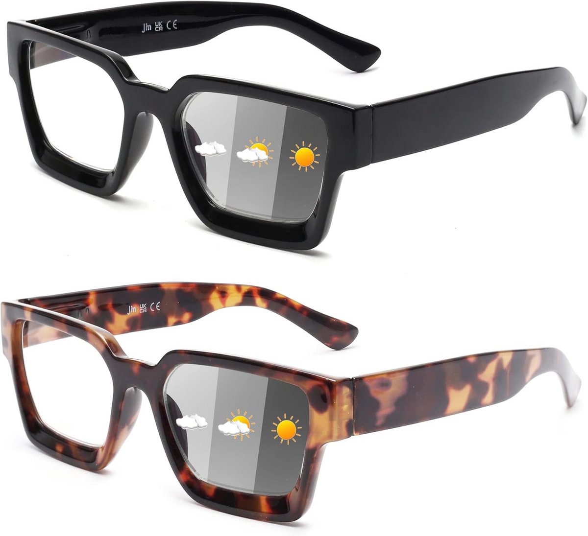 Set van 3 Vierkante Leesbrillen met Blauwlichtfilter voor Dames en Heren - Inclusief fotocromatische glazen