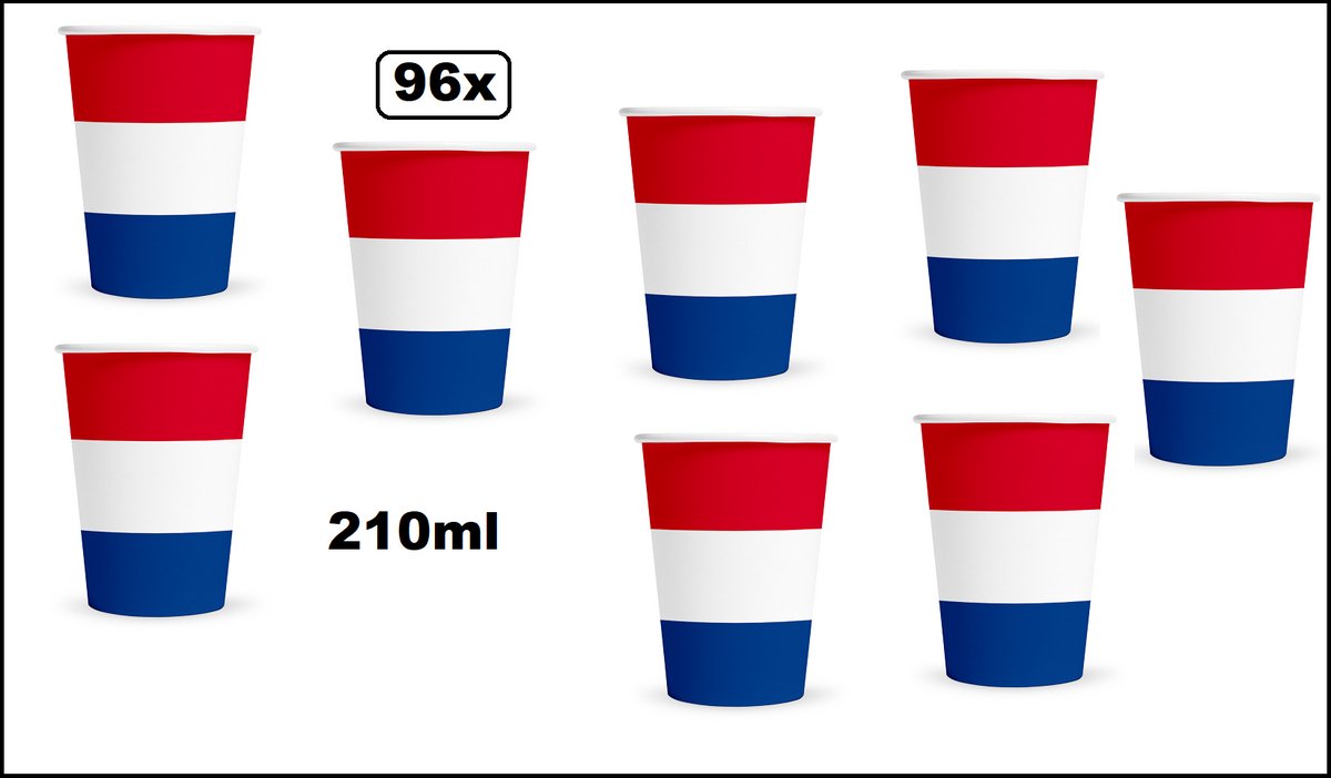 96x Beker rood/wit/blauw 210ml karton - Drinken Nederland WK 2026 BBQ thema feest verjaardag feest Holland
