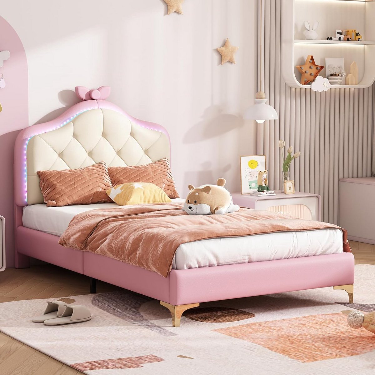 Eenpersoonsbed 90x200 cm Gestoffeerd Kinderbed Meisjes met Strik Hoofdeinde Roze