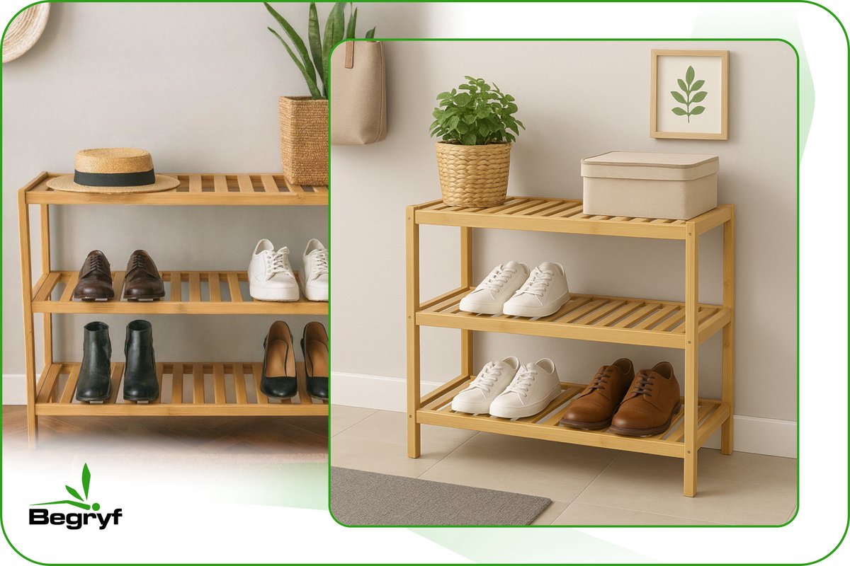 BEGRYF Bamboe Schoenenrek - 3 Lagen - 70x26x55 cm - Open Schoenenkast - Voor Hal & Slaapkamer