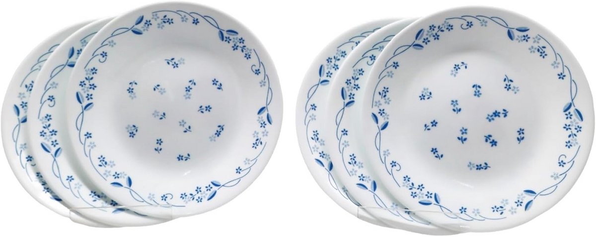Set van 6 Platte Glazen Borden - Provinciaal Blauw Patroon - Vaatwasmachinebestendig