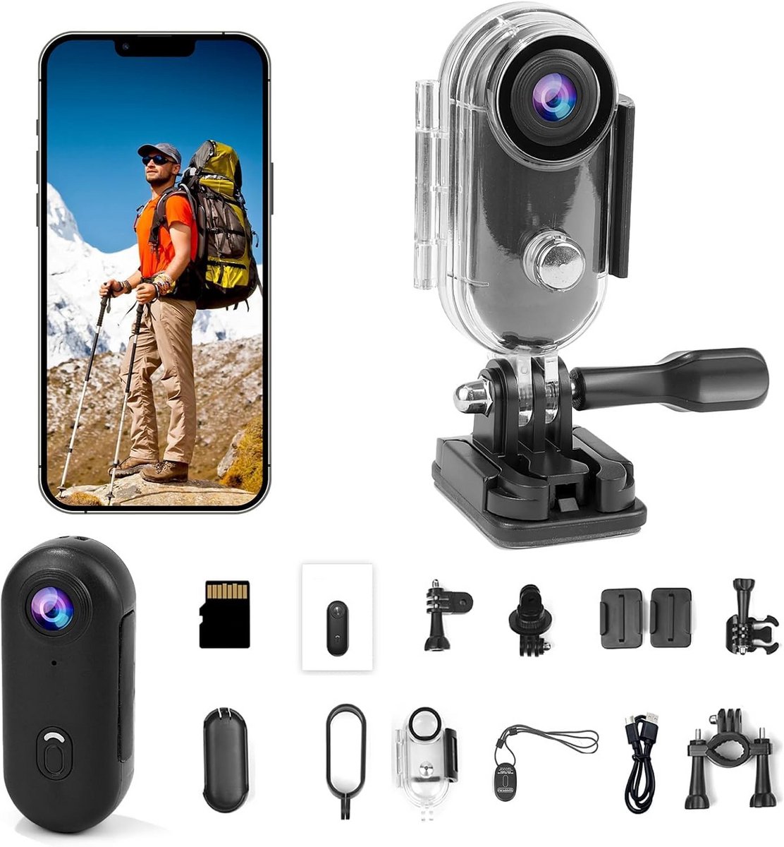 4K Mini Actiecamera voor Sport, Fietsen en Motorfiets - Inclusief 64GB Geheugenkaart