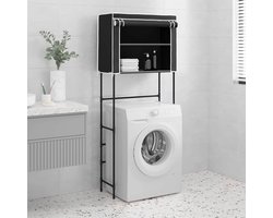 Hoge Badkamerkast Boven Wasmachine - Opbergrek met 2 Planken en Gordijn - Zwart