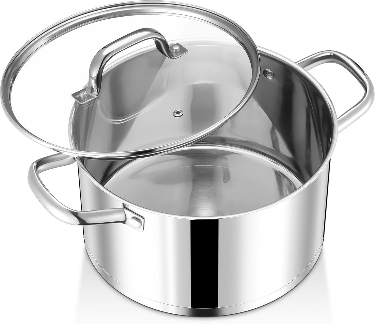 RVS Steelpan 22 cm Soeppan 4.7L met Glazen Deksel Geschikt voor Alle Warmtebronnen