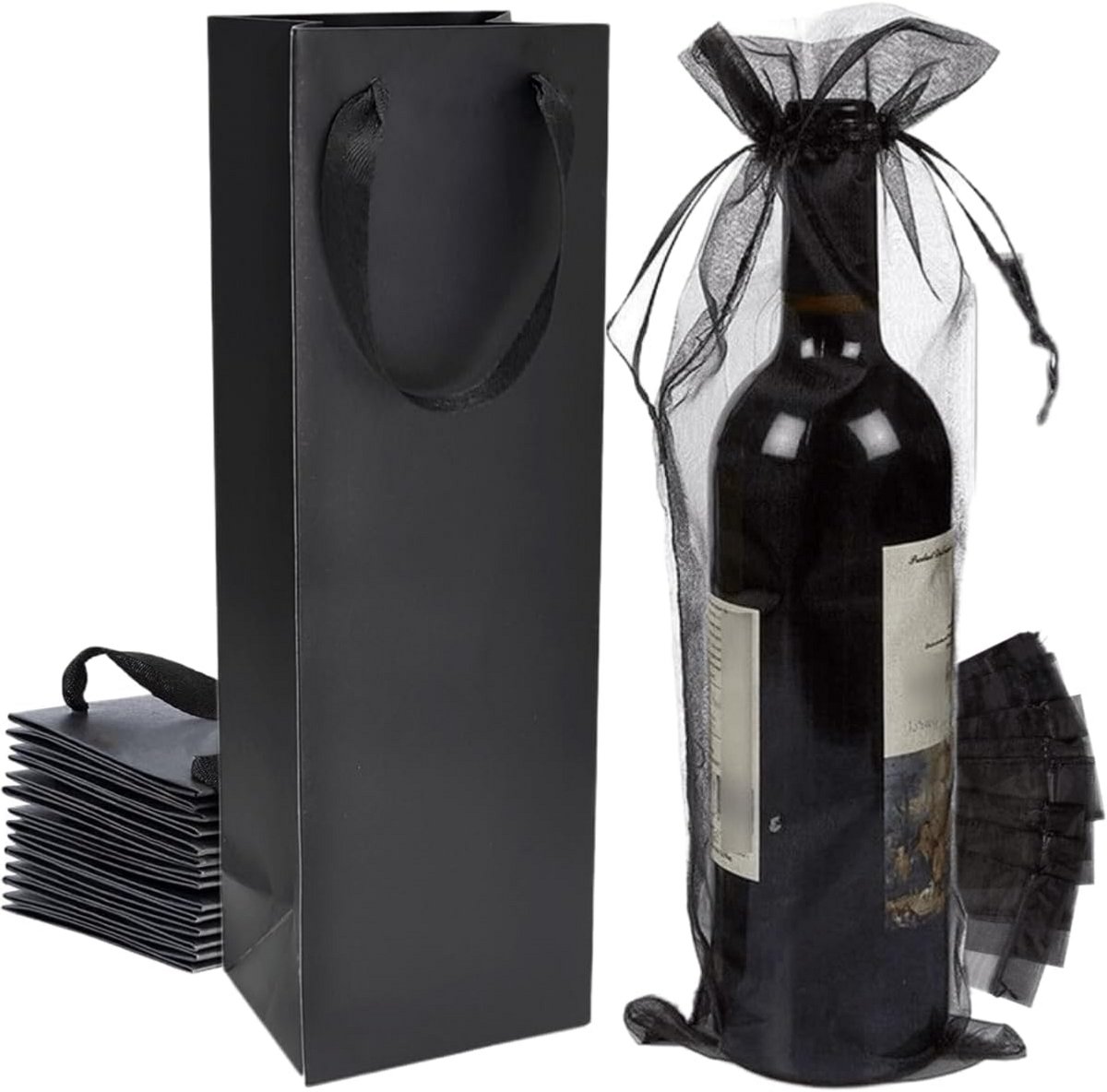 60x Luxe Wijnflessen Zakken Set: Zwart Kraftpapier & Organza Cadeautas