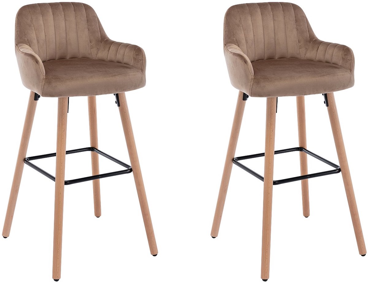 Vente-unique Set van 2 barkrukken in fluweel en beukenhouten poten - Beige - ELEANA L 47 cm x H 98 cm x D 52 cm