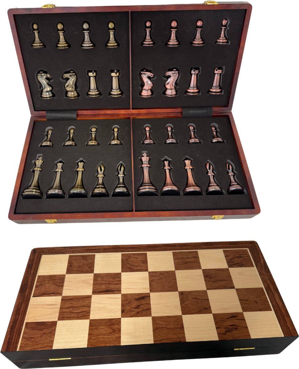 Luxe Schaakset - Verzwaarde Groenbrons & Bronze Figuren – Inklapbaar Houten Bord 53x53 cm – Extra Koninginnen