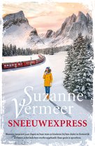 Een meisje in een gele jas staat in de sneeuw voor een rode trein, met besneeuwde bomen en bergen op de achtergrond. De titel 'Sneeuwexpress' staat in grote letters.