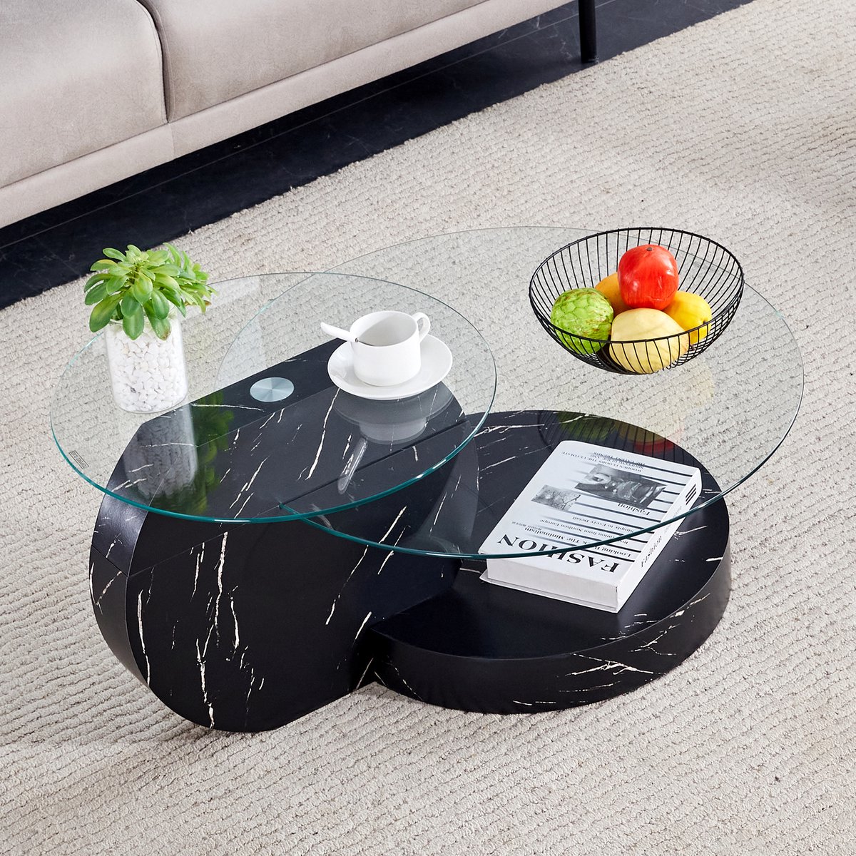 STILVORA Salontafel - Gehard Glas Met Meerlaags Opbergdesign - Voor Woonkamer En Dagelijks Gebruik - MDF;Transparant;Zwart - 49,8;69,8 Cm