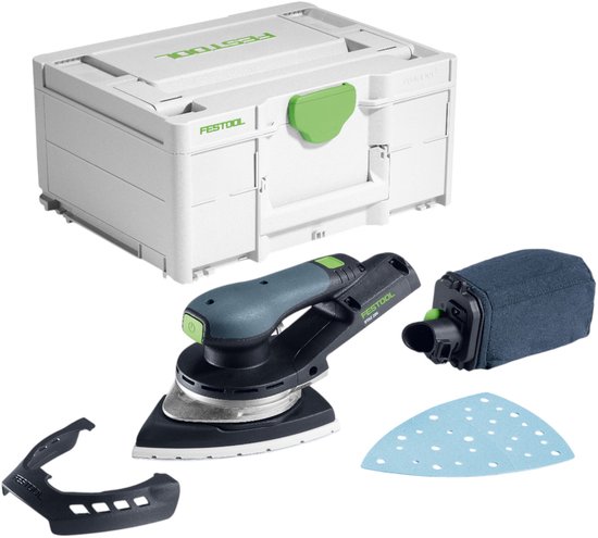 Festool accu schuurmachine met Systainer, stofzak, schuurzool en schuurpapier. Groen en grijs.