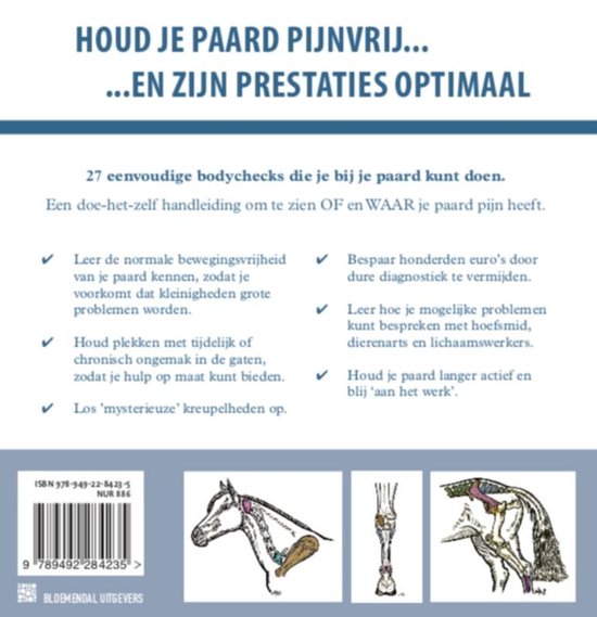 Boekomslag met de titel "Houd je paard pijnvrij... en zijn prestaties optimaal". Bevat afbeeldingen van een paardenlichaam en anatomische tekeningen.